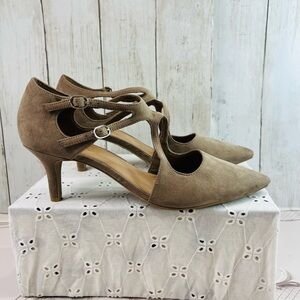 Pointed Toe Fioni Faux Suede 2 Inch pumps Color Toupe Double strap Size 9.5